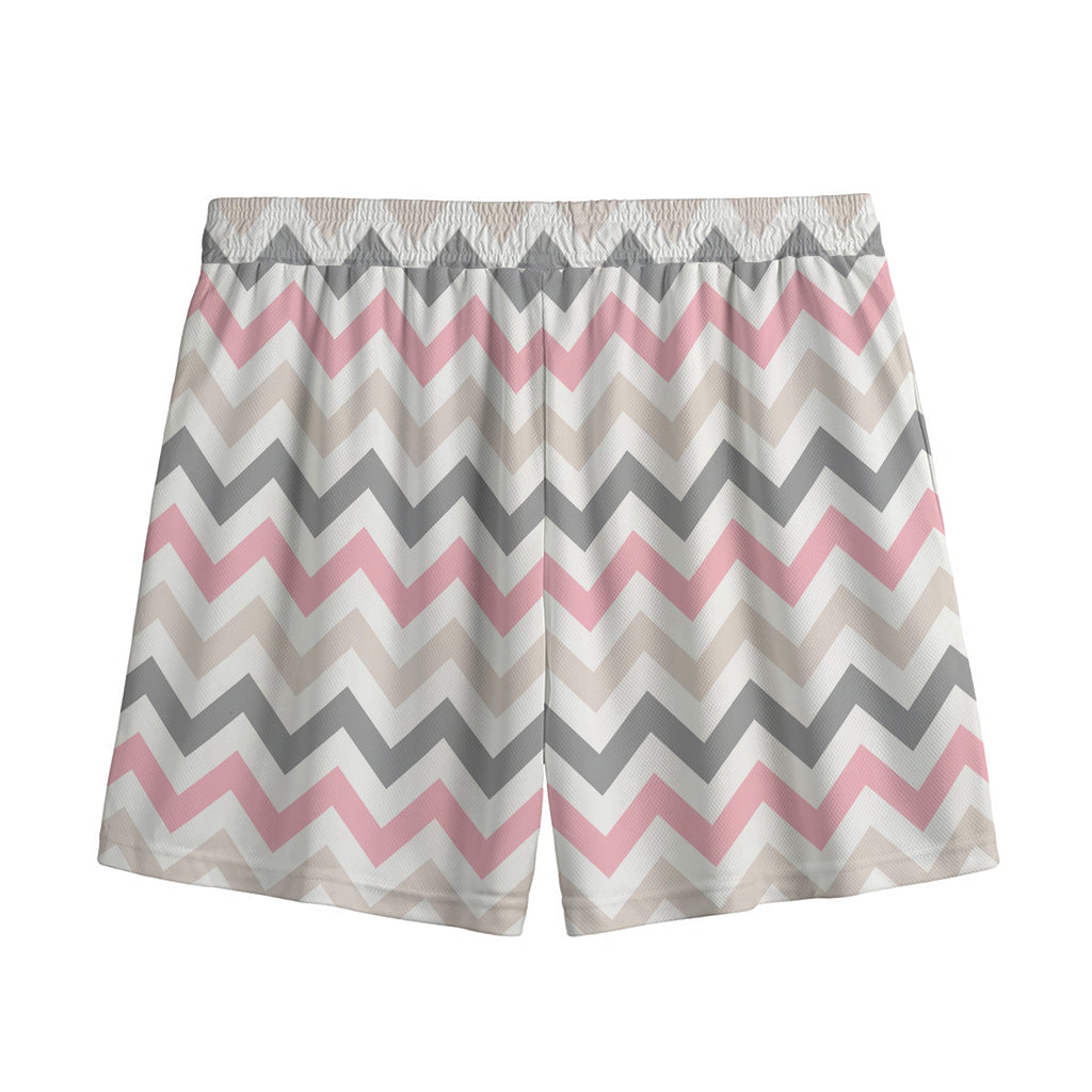 Pink White And Grey Chevron Print Mesh Shorts