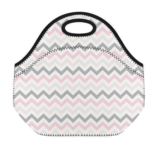 Pink White And Grey Chevron Print Neoprene Lunch Bag