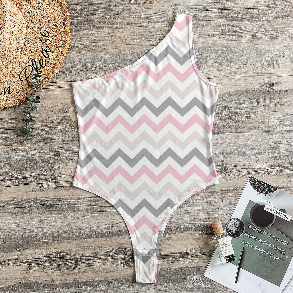 Pink White And Grey Chevron Print One Shoulder Bodysuit