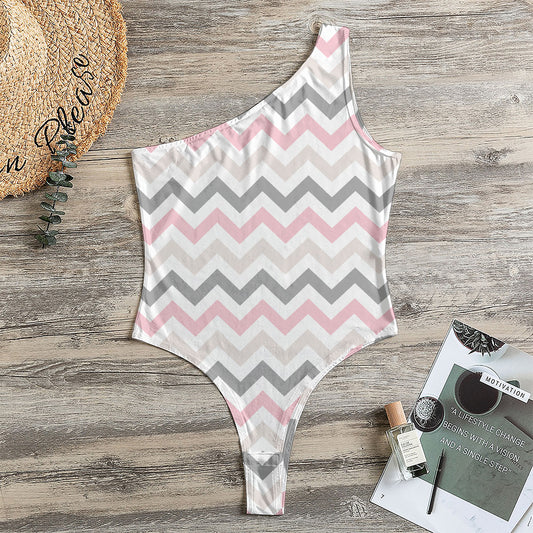 Pink White And Grey Chevron Print One Shoulder Bodysuit