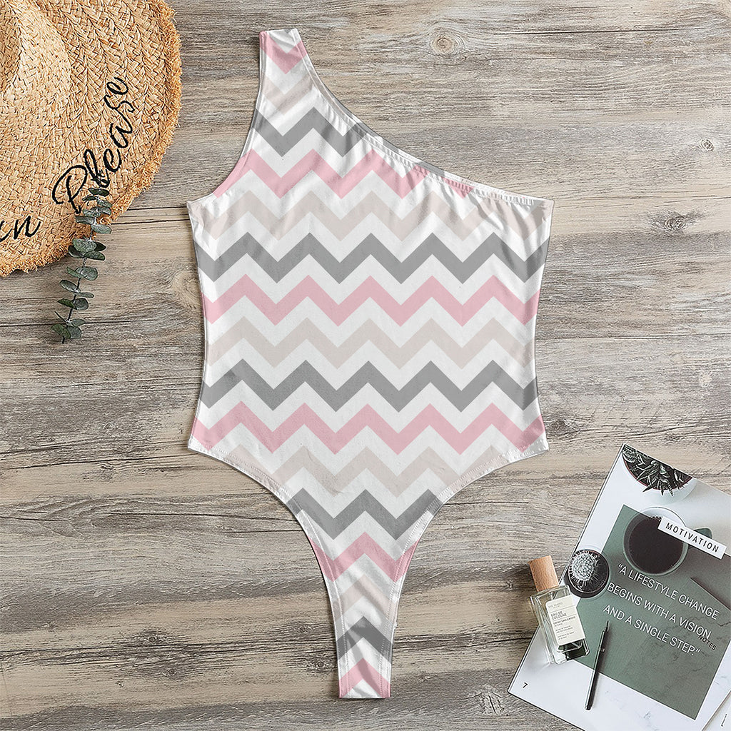 Pink White And Grey Chevron Print One Shoulder Bodysuit