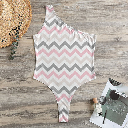Pink White And Grey Chevron Print One Shoulder Bodysuit