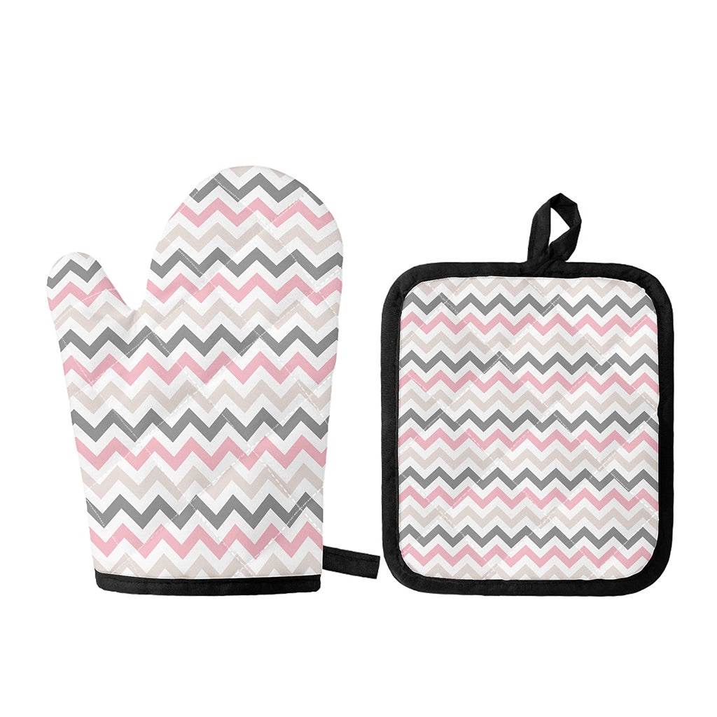 Pink White And Grey Chevron Print Oven Mitt And Pot Holder Set