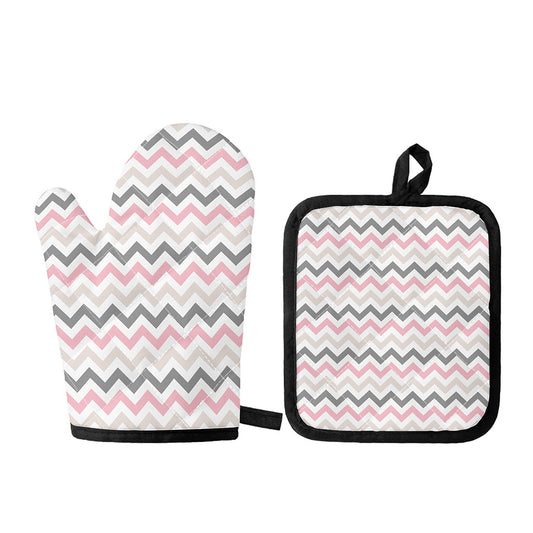 Pink White And Grey Chevron Print Oven Mitt And Pot Holder Set