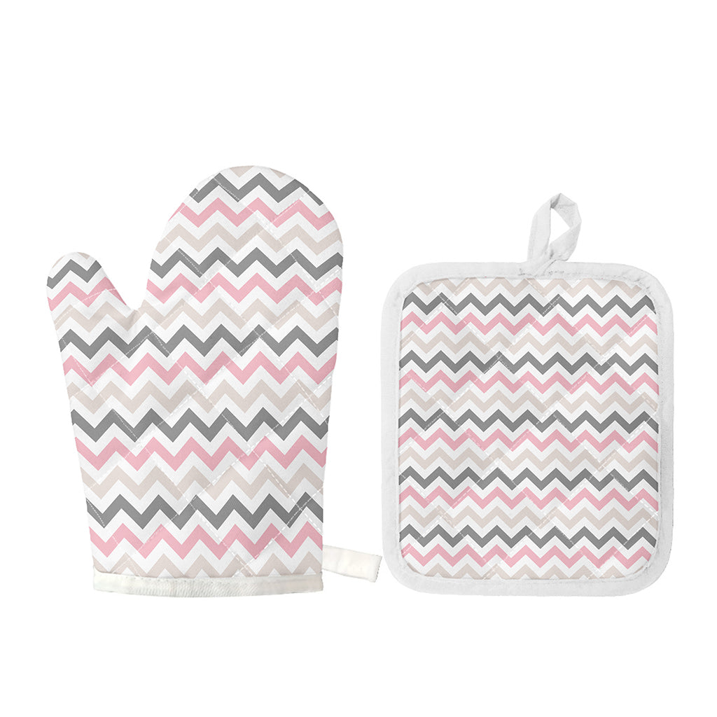 Pink White And Grey Chevron Print Oven Mitt And Pot Holder Set