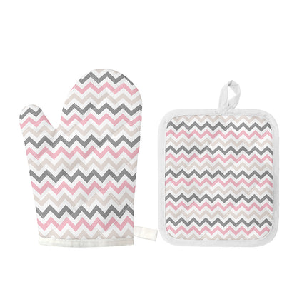 Pink White And Grey Chevron Print Oven Mitt And Pot Holder Set