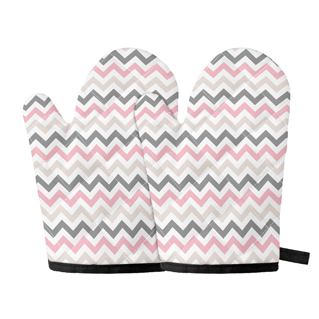 Pink White And Grey Chevron Print Oven Mitts