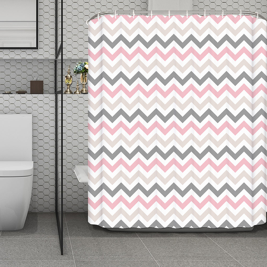 Pink White And Grey Chevron Print Polyester Shower Curtain