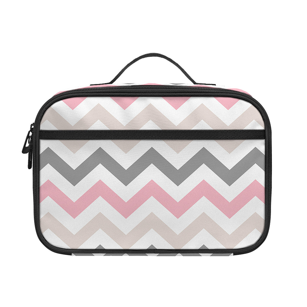 Pink White And Grey Chevron Print Portable Lunch Bag