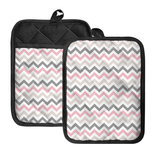Pink White And Grey Chevron Print Pot Holders With Pocket