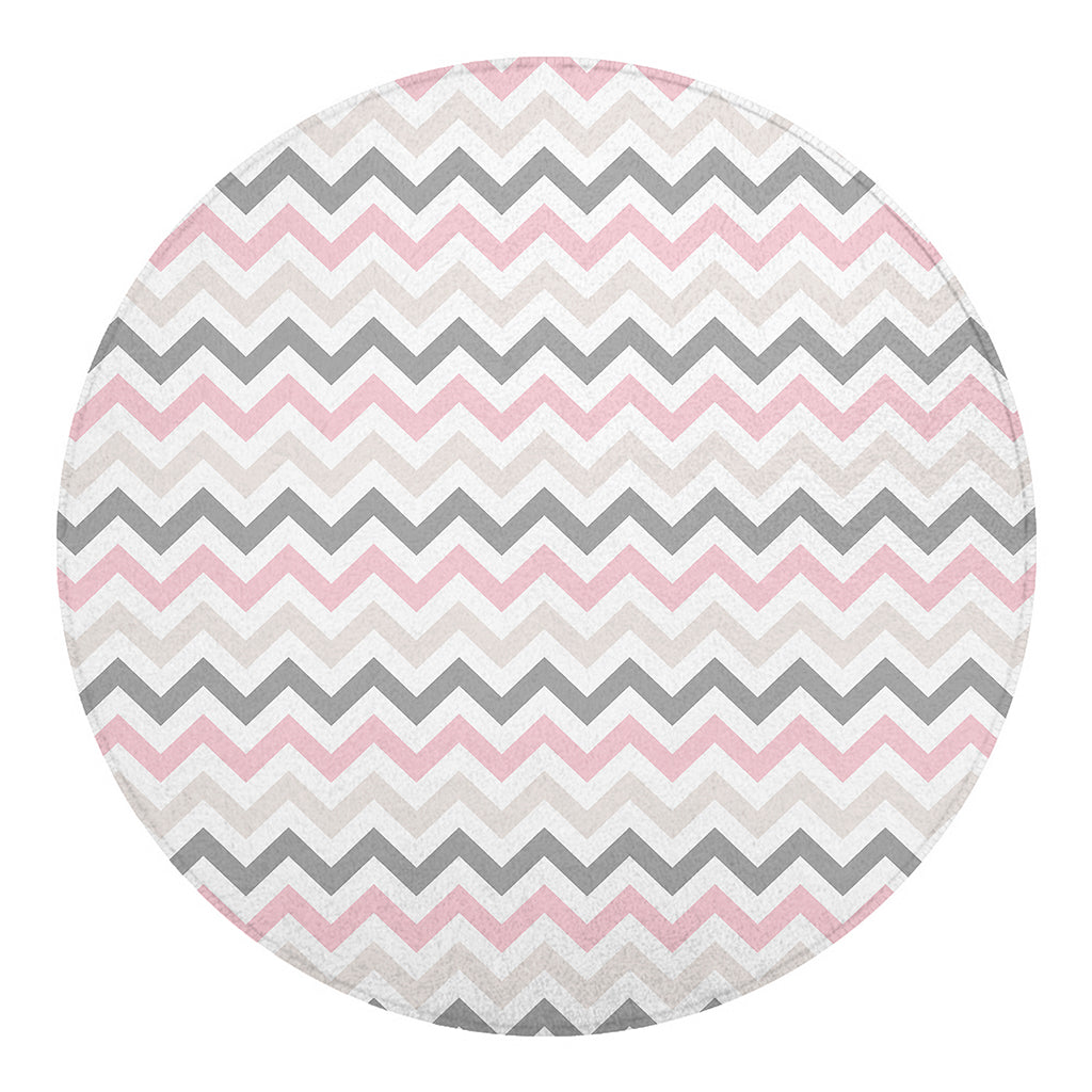Pink White And Grey Chevron Print Round Blanket