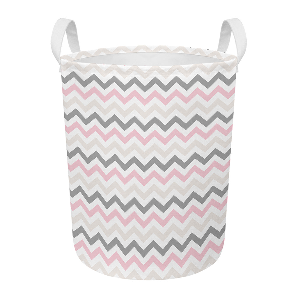 Pink White And Grey Chevron Print Round Laundry Basket