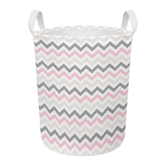 Pink White And Grey Chevron Print Round Laundry Basket