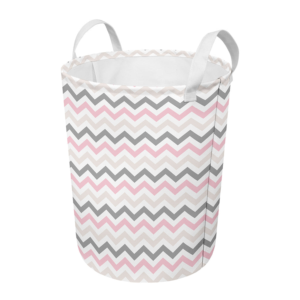 Pink White And Grey Chevron Print Round Laundry Basket