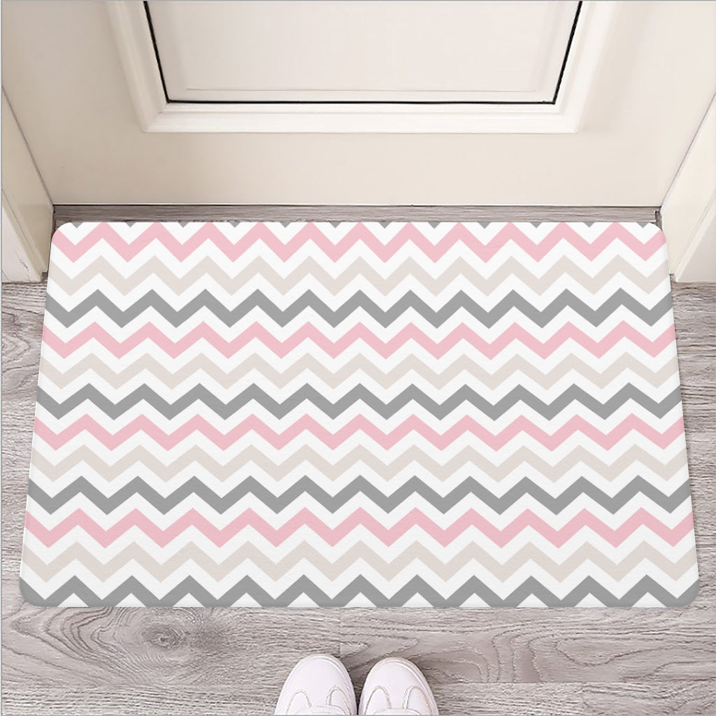 Pink White And Grey Chevron Print Rubber Doormat