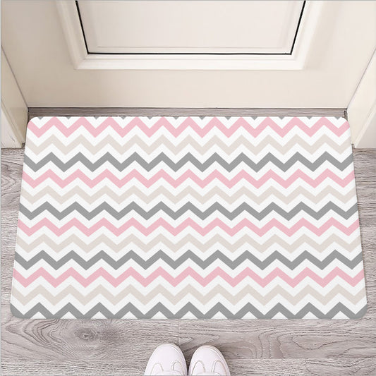 Pink White And Grey Chevron Print Rubber Doormat