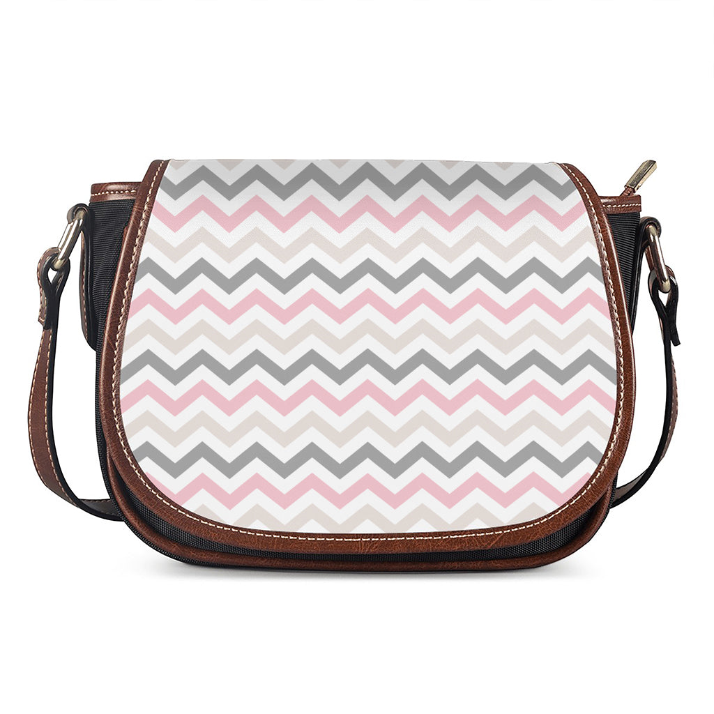 Pink White And Grey Chevron Print Saddle Bag