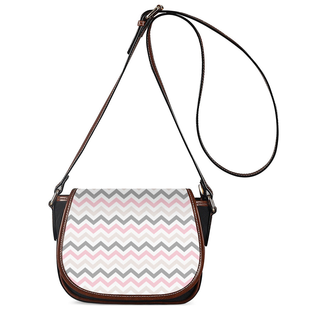 Pink White And Grey Chevron Print Saddle Bag
