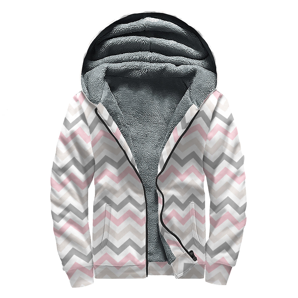 Pink White And Grey Chevron Print Sherpa Lined Zip Up Hoodie