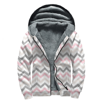Pink White And Grey Chevron Print Sherpa Lined Zip Up Hoodie