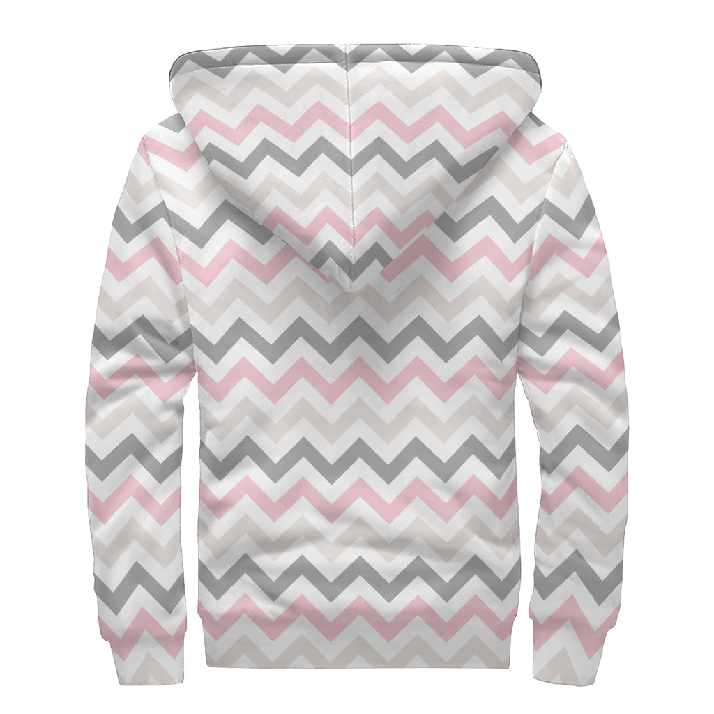 Pink White And Grey Chevron Print Sherpa Lined Zip Up Hoodie