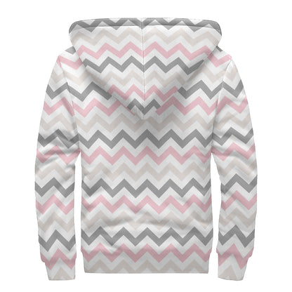Pink White And Grey Chevron Print Sherpa Lined Zip Up Hoodie