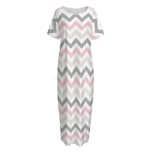 Pink White And Grey Chevron Print Short Sleeve Long Nightdress