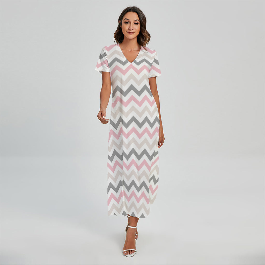 Pink White And Grey Chevron Print Short Sleeve Maxi Dress