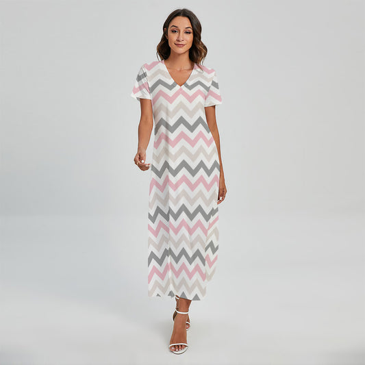 Pink White And Grey Chevron Print Short Sleeve Maxi Dress