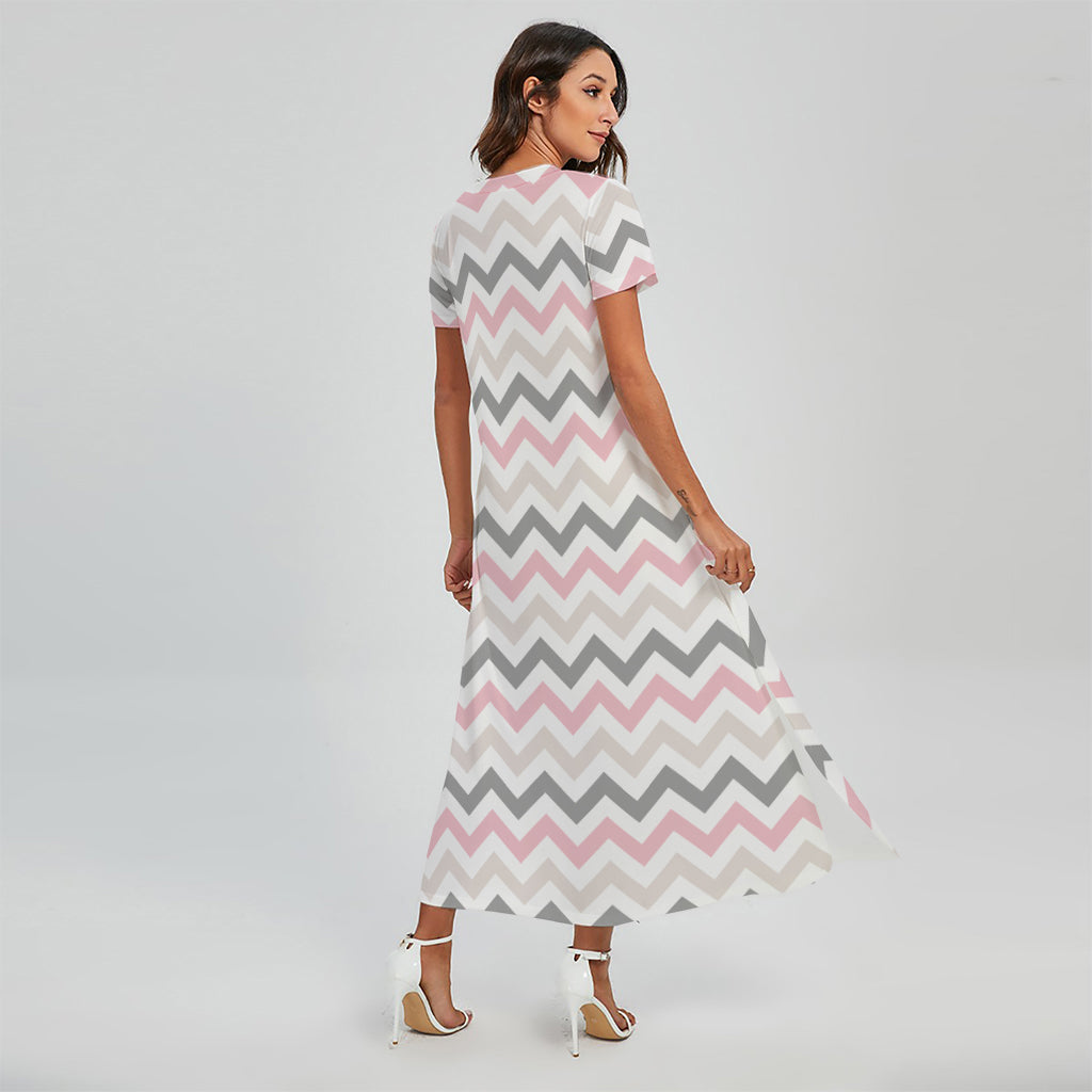 Pink White And Grey Chevron Print Short Sleeve Maxi Dress