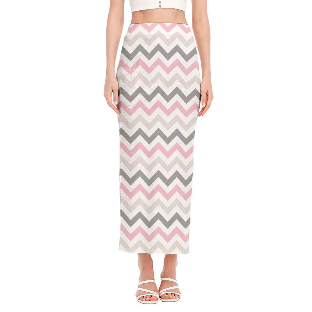 Pink White And Grey Chevron Print Side Slit Maxi Skirt