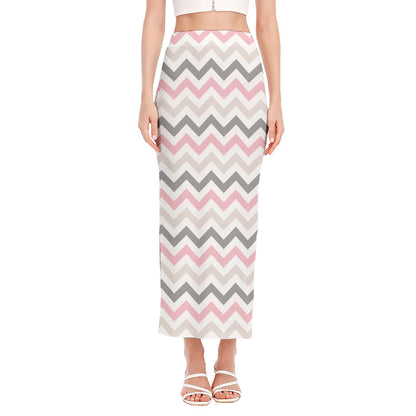 Pink White And Grey Chevron Print Side Slit Maxi Skirt