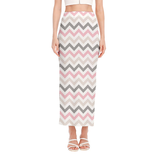 Pink White And Grey Chevron Print Side Slit Maxi Skirt