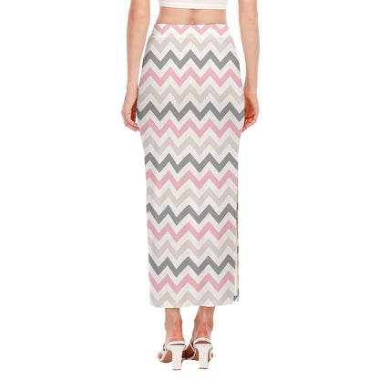 Pink White And Grey Chevron Print Side Slit Maxi Skirt