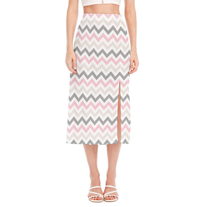 Pink White And Grey Chevron Print Side Slit Midi Skirt