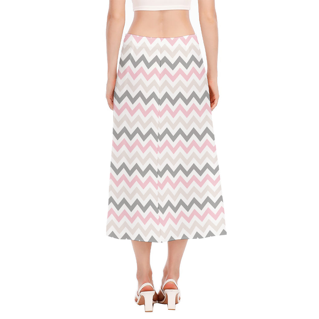Pink White And Grey Chevron Print Side Slit Midi Skirt