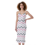Pink White And Grey Chevron Print Slim Fit Midi Cami Dress