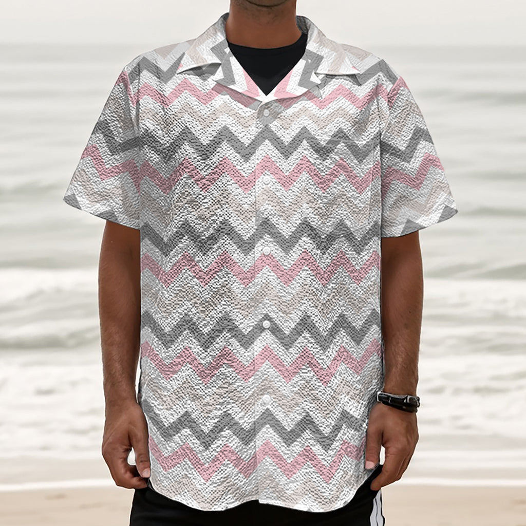 Pink White And Grey Chevron Print Textured Short Sleeve Shirt