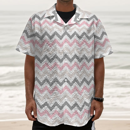 Pink White And Grey Chevron Print Textured Short Sleeve Shirt
