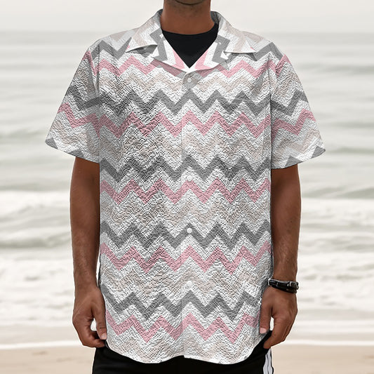 Pink White And Grey Chevron Print Textured Short Sleeve Shirt