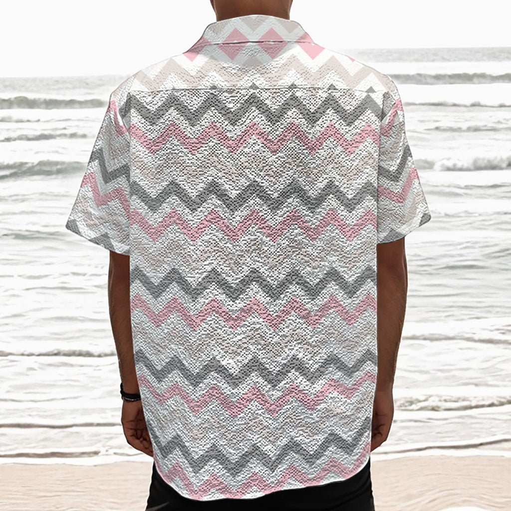 Pink White And Grey Chevron Print Textured Short Sleeve Shirt