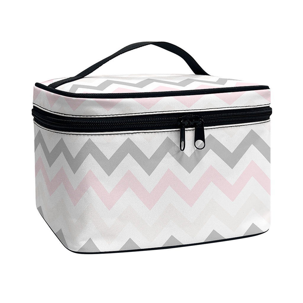 Pink White And Grey Chevron Print Travel Makeup Bag