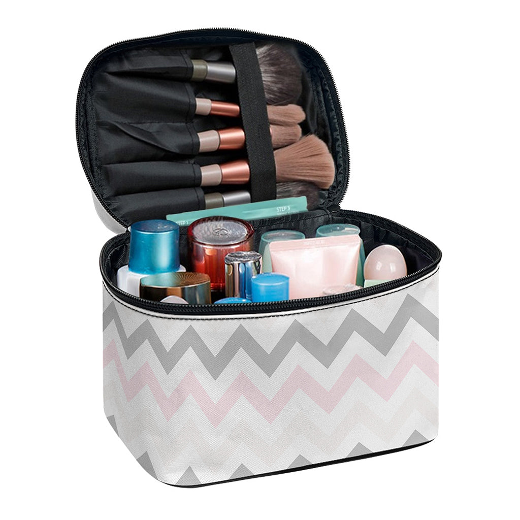 Pink White And Grey Chevron Print Travel Makeup Bag