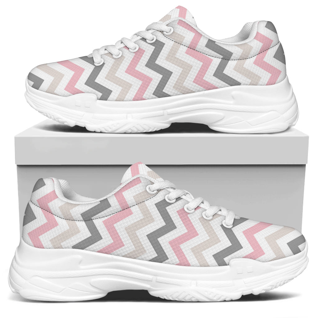 Pink White And Grey Chevron Print White Chunky Shoes