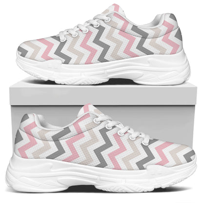 Pink White And Grey Chevron Print White Chunky Shoes