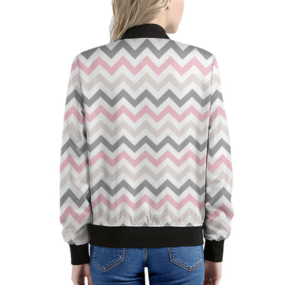 Pink White And Grey Chevron Print Women's Bomber Jacket