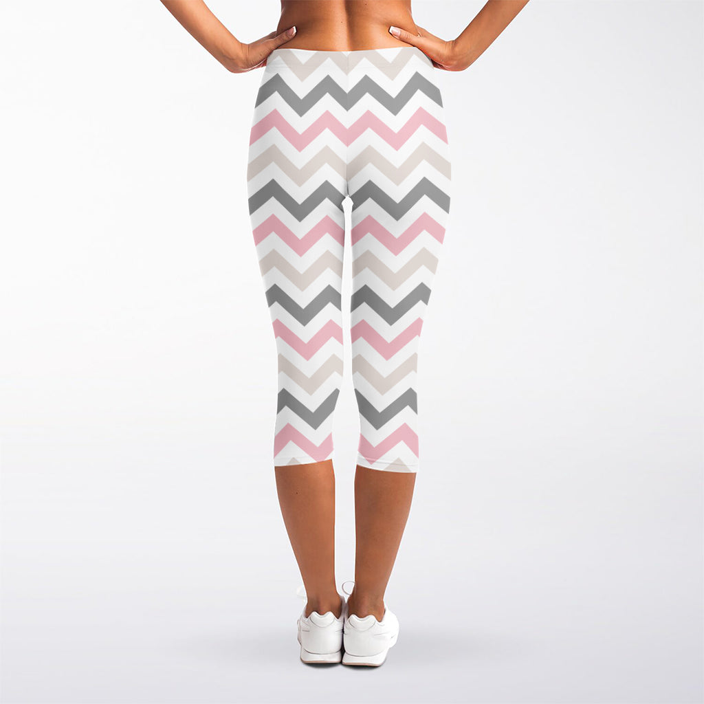 Pink White And Grey Chevron Print Women's Capri Leggings