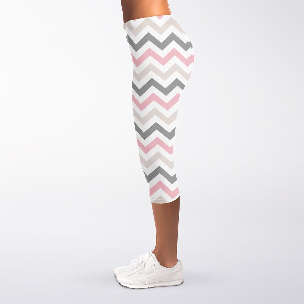 Pink White And Grey Chevron Print Women's Capri Leggings