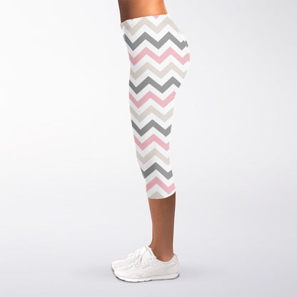 Pink White And Grey Chevron Print Women's Capri Leggings