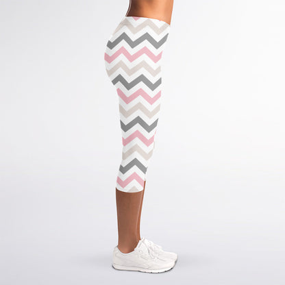 Pink White And Grey Chevron Print Women's Capri Leggings